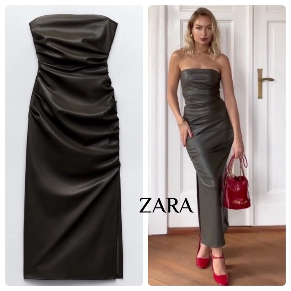 Zara Green Leather Strapless Midi Dress